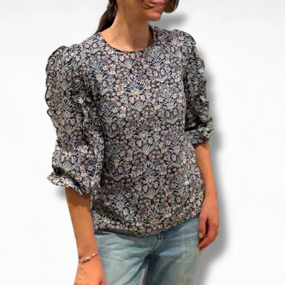 J. CREW Sambourne Liberty Fabric Puff Ruffle Sleeve Blue Floral Blouse Size XS